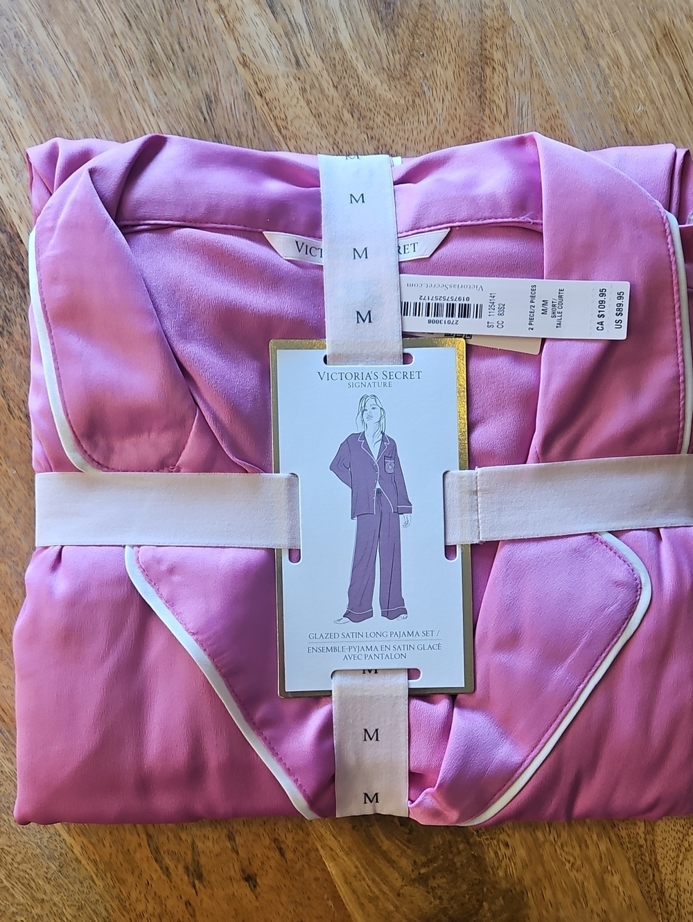 Victoria Secret Signature Glazed Satin Long Pink Pajama Set Size MED Short